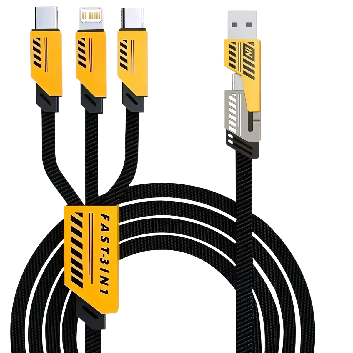 Black braided 240w multi charging cable 3 in 1 fast cord with yellow and black connectors for multiple ports