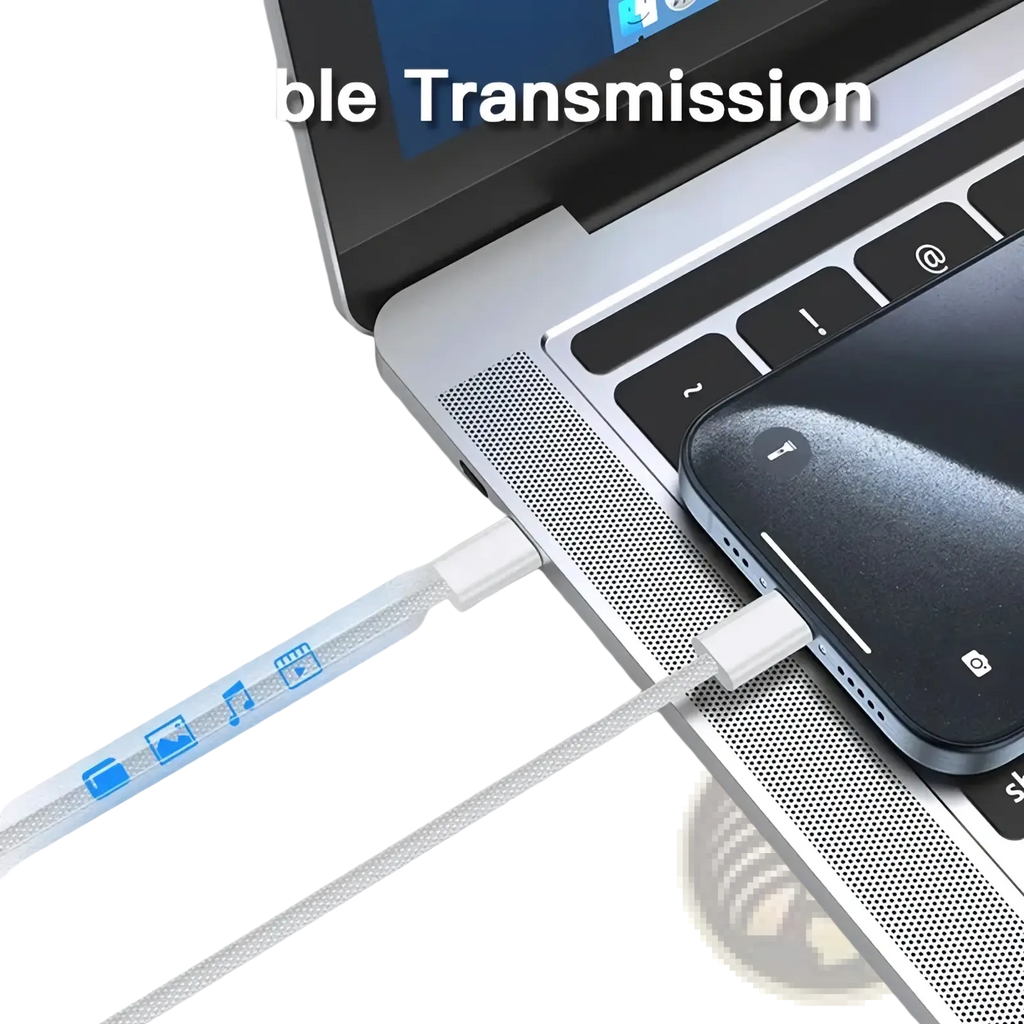 A sleek white braided 240w usb c fast charging cable 2m with blue icon graphics along its length