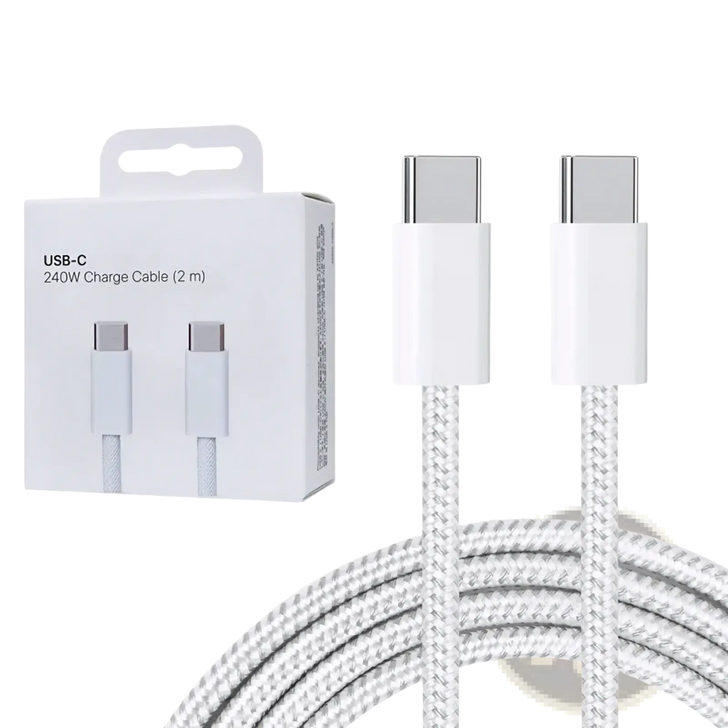 White braided usb-c fast charging cable 2m with 240w power rating branded buc1co for high-speed charging