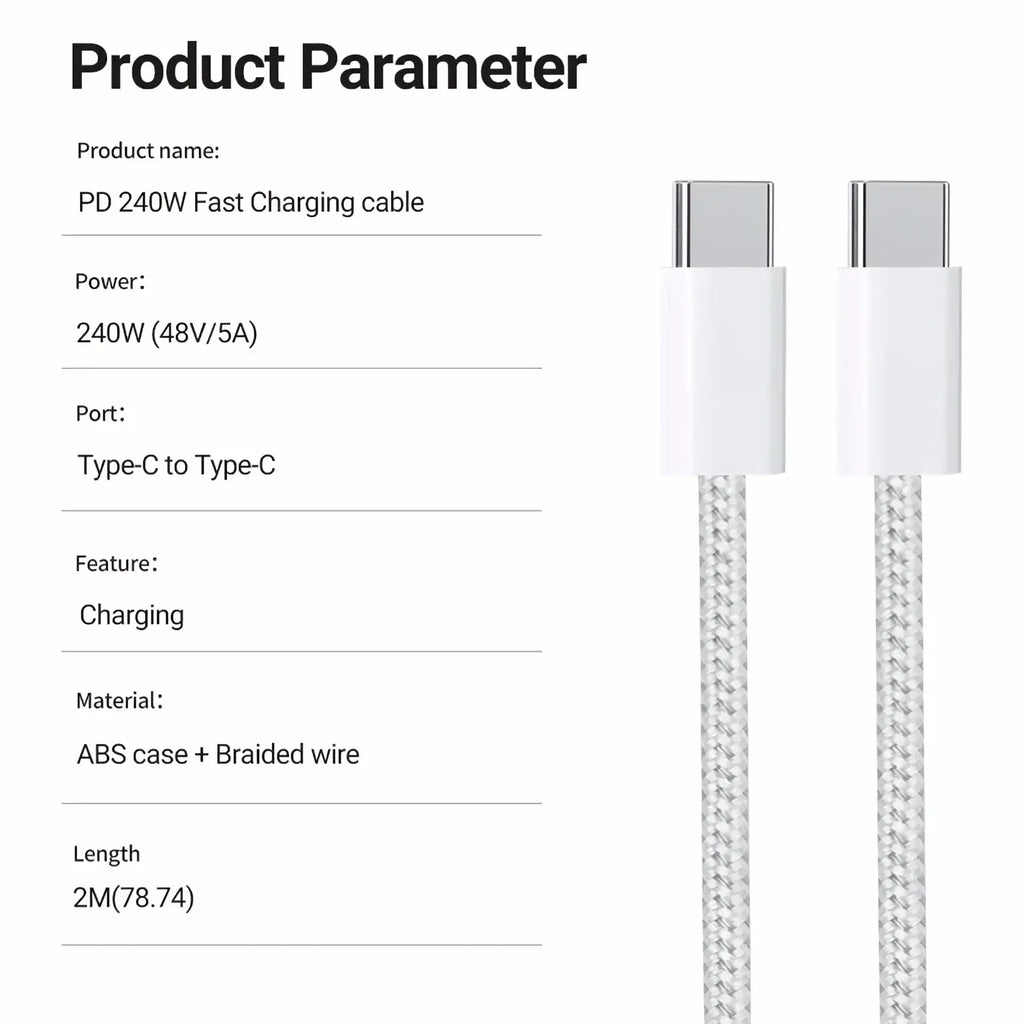 White braided 240w usb c fast charging cable 2m with type-c to type-c connectors for high power delivery
