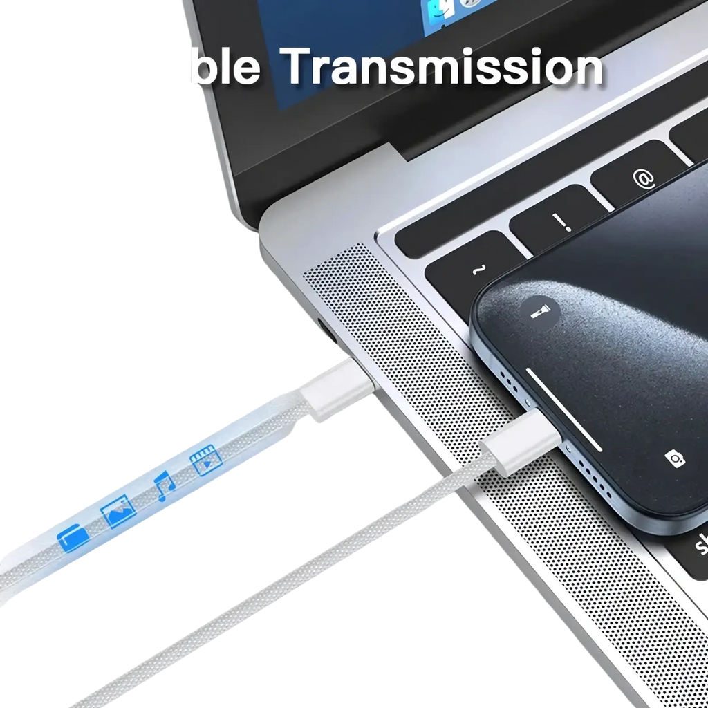 A sleek white braided 240w usb c fast charging cable 2m with blue icon graphics along its length