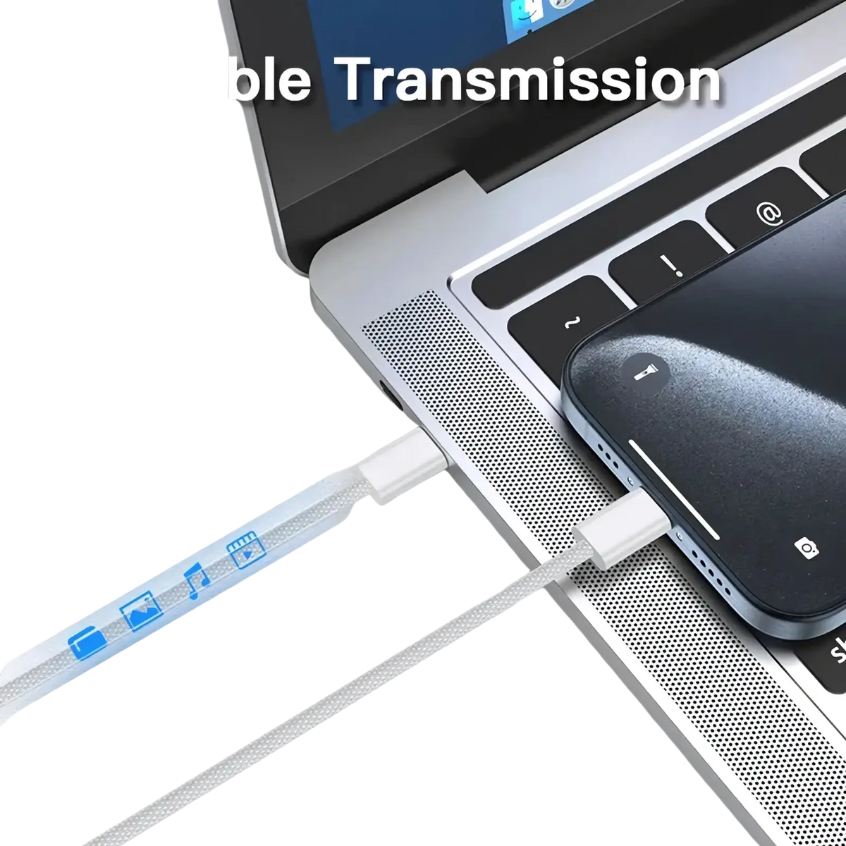 A sleek white braided 240w usb c fast charging cable 2m with blue icon graphics along its length