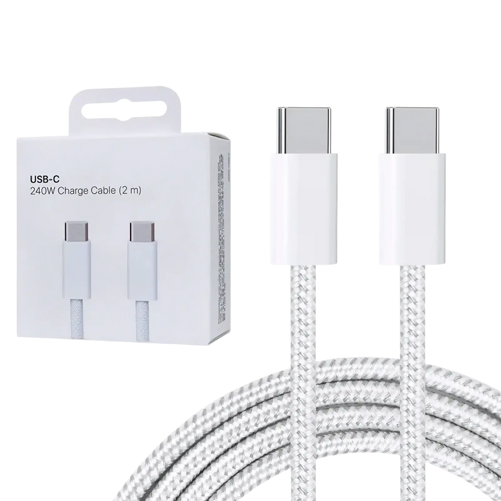 White braided usb-c fast charging cable 2m with 240w power rating branded buc1co for high-speed charging