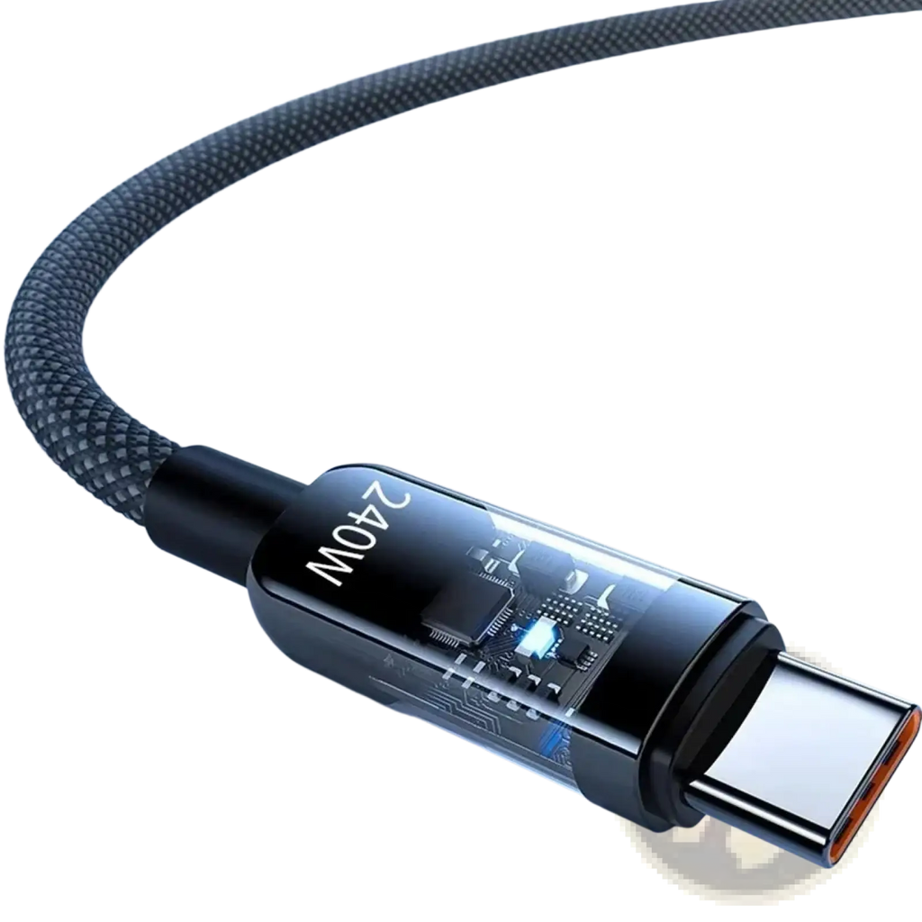 Black braided usb-c fast charging cable with transparent tech-themed connector housing displaying 240w branding and circuitry