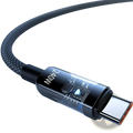 Black braided usb-c fast charging cable with transparent tech-themed connector housing displaying 240w branding and circuitry