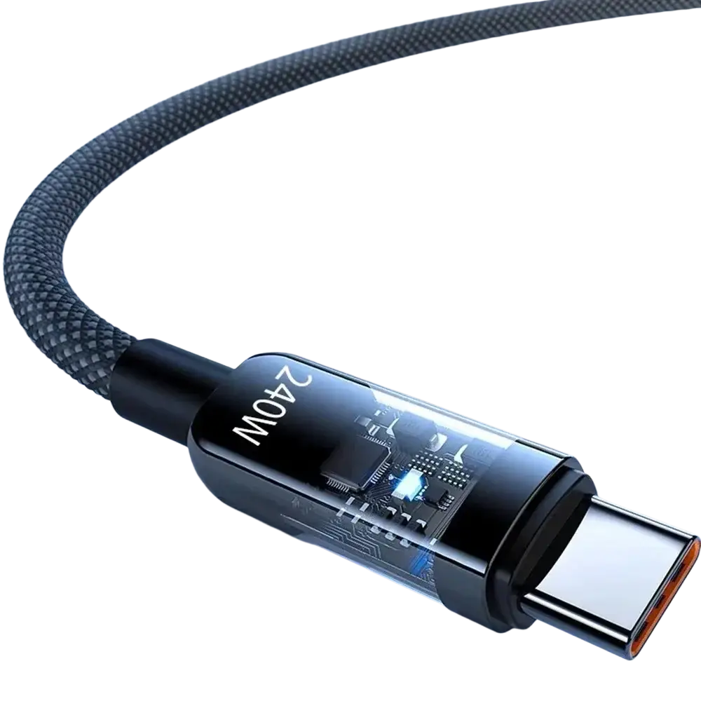 Black braided usb-c fast charging cable with transparent tech-themed connector housing displaying 240w branding and circuitry