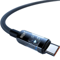 Black braided usb-c fast charging cable with transparent tech-themed connector housing displaying 240w branding and circuitry