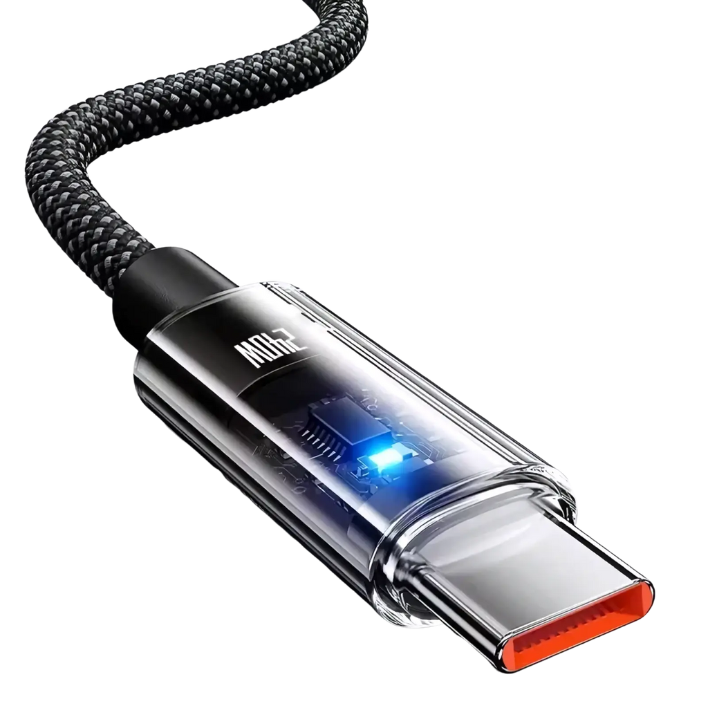 Black braided 240w usb-c fast charging cable with transparent metallic connector housing and glowing blue led indicator