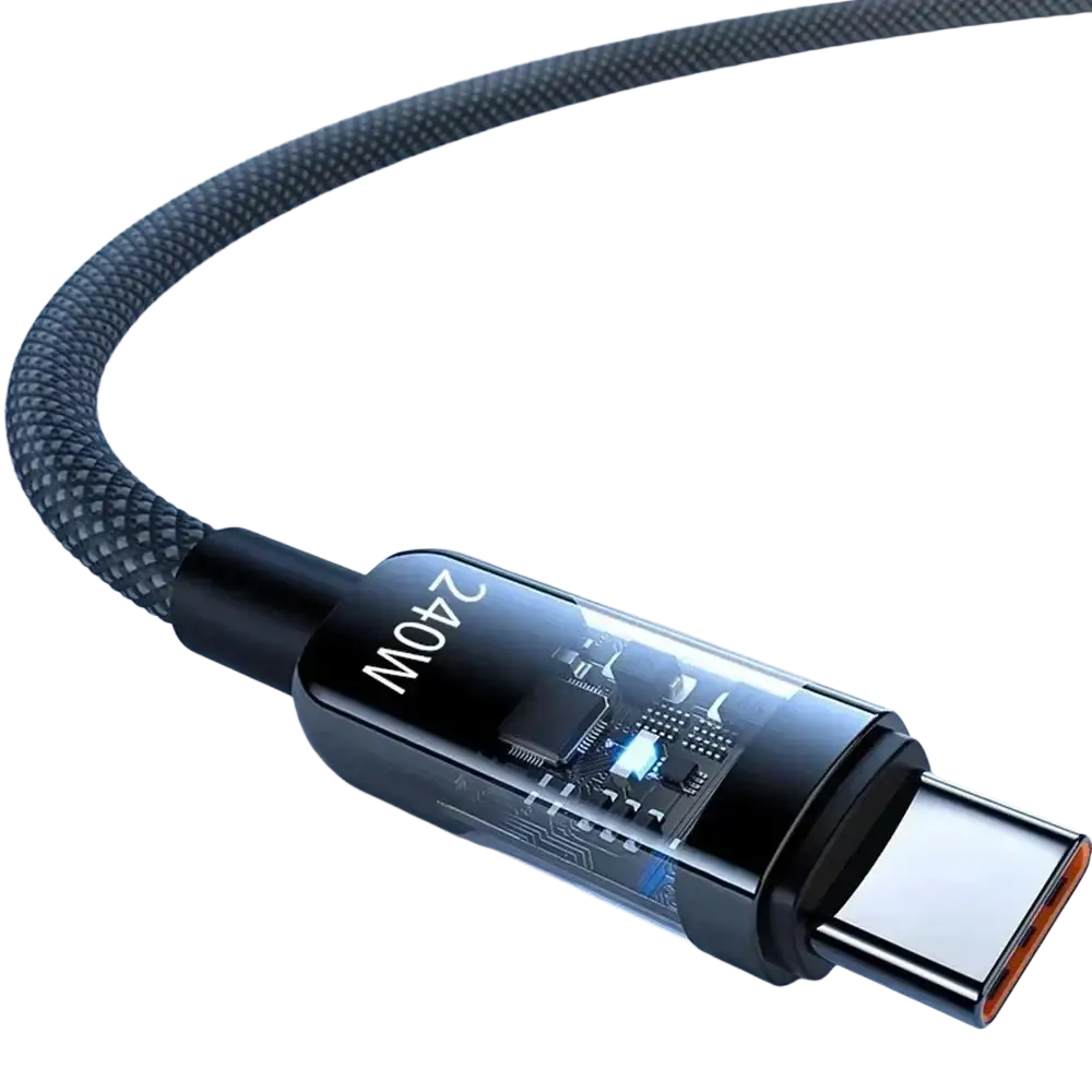 Black braided 240w USB-C fast charging cable with transparent connector housing and internal circuitry visible