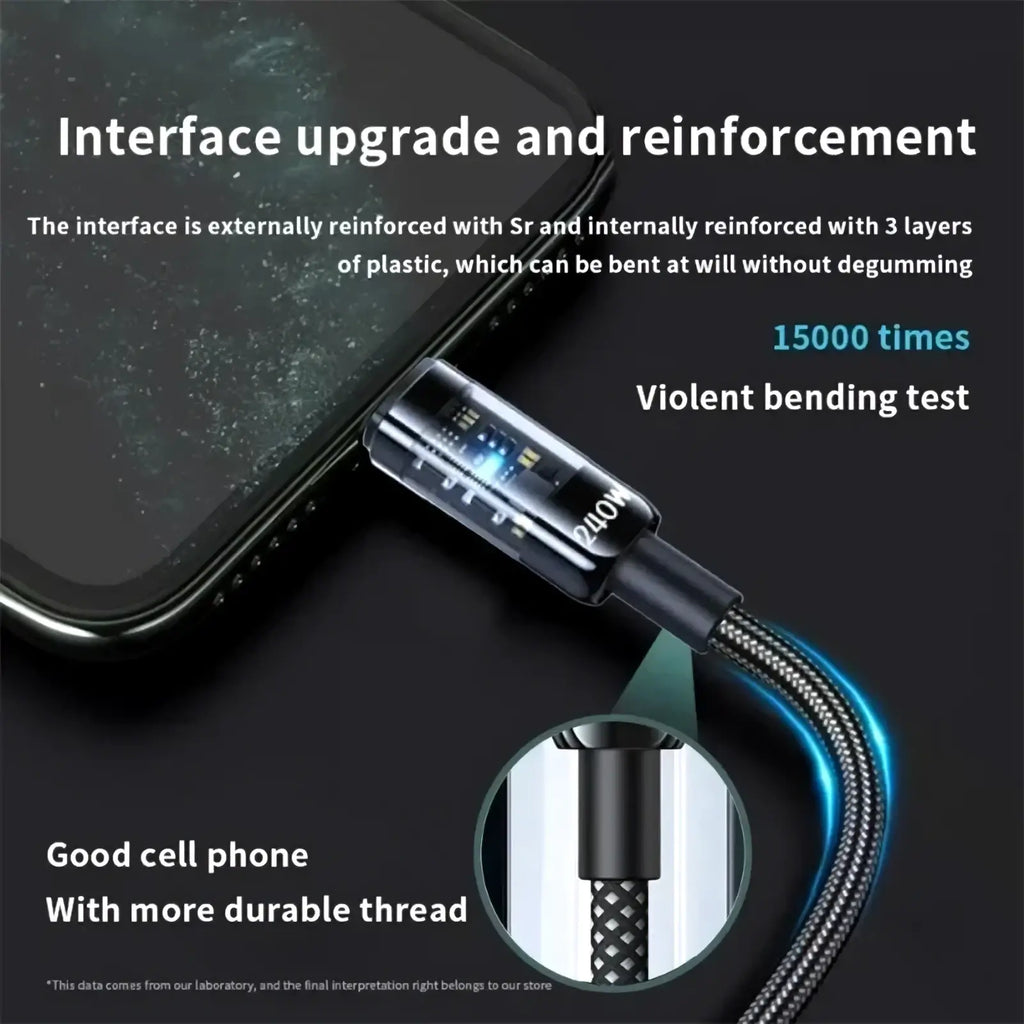 Black braided usb c fast charging cable with 240w branding reinforced connector and durable internal plastic layers
