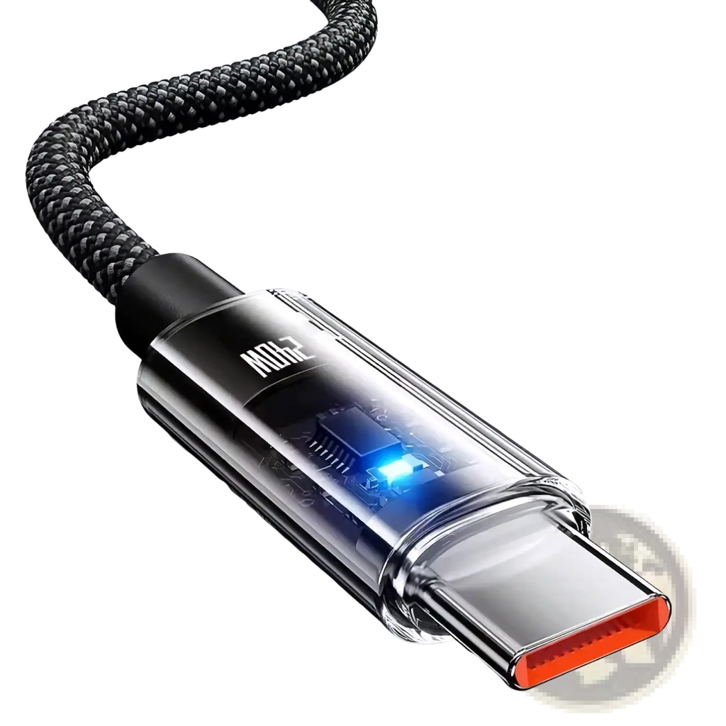 Black braided 240w usb-c fast charging cable with transparent metallic connector housing and glowing blue led indicator