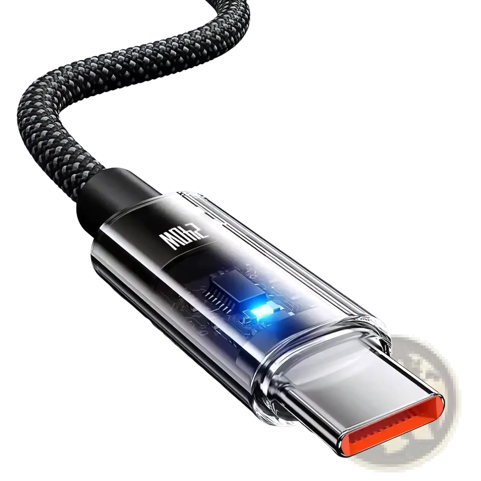 Black braided 240w usb-c fast charging cable with transparent metallic connector housing and glowing blue led indicator