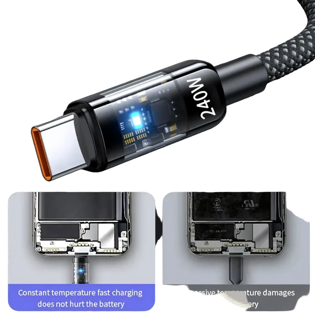 Black and silver 24w usb-c fast charging cable with braided design and led display for durable high-speed charging