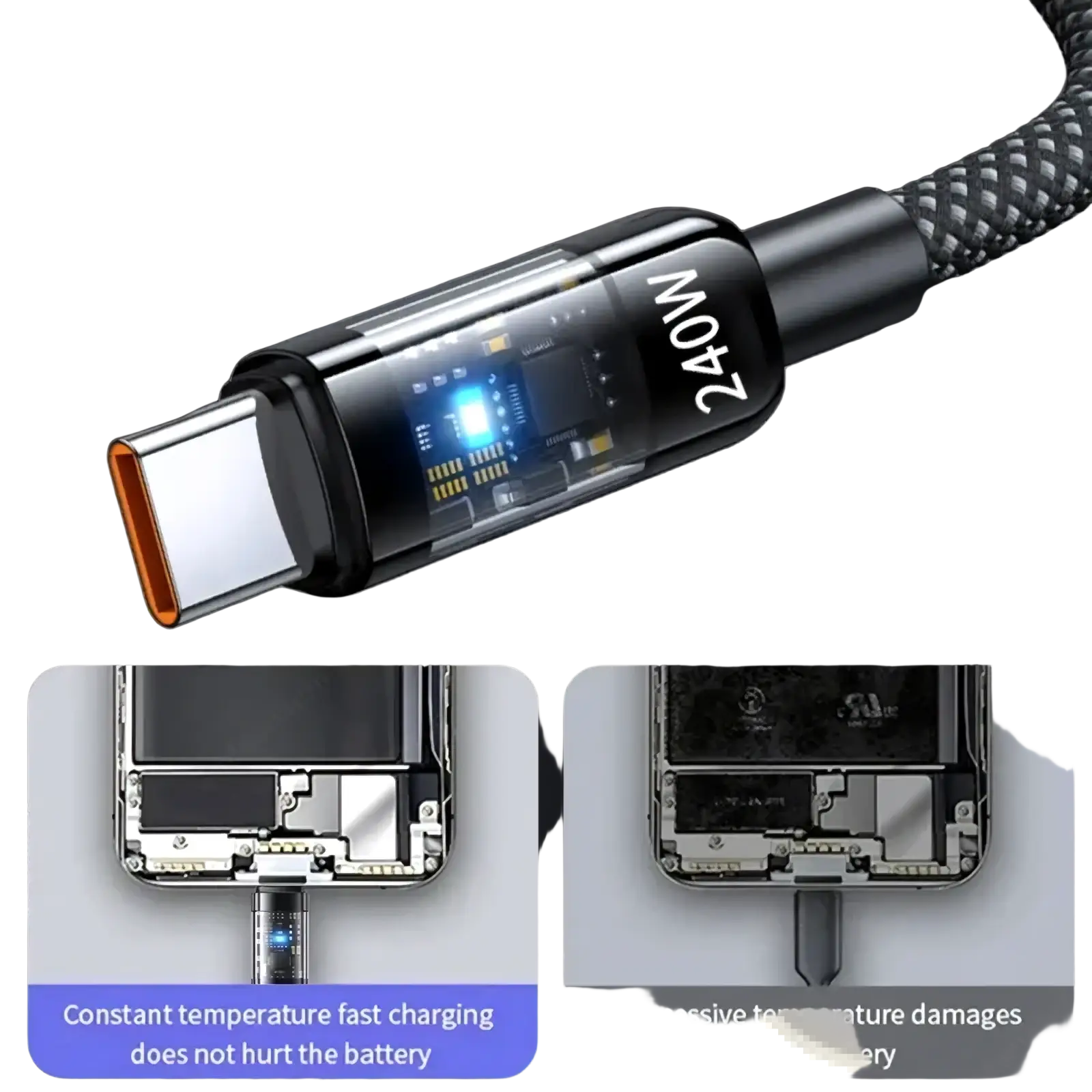 Black and silver 24w usb-c fast charging cable with braided design and led display for durable high-speed charging