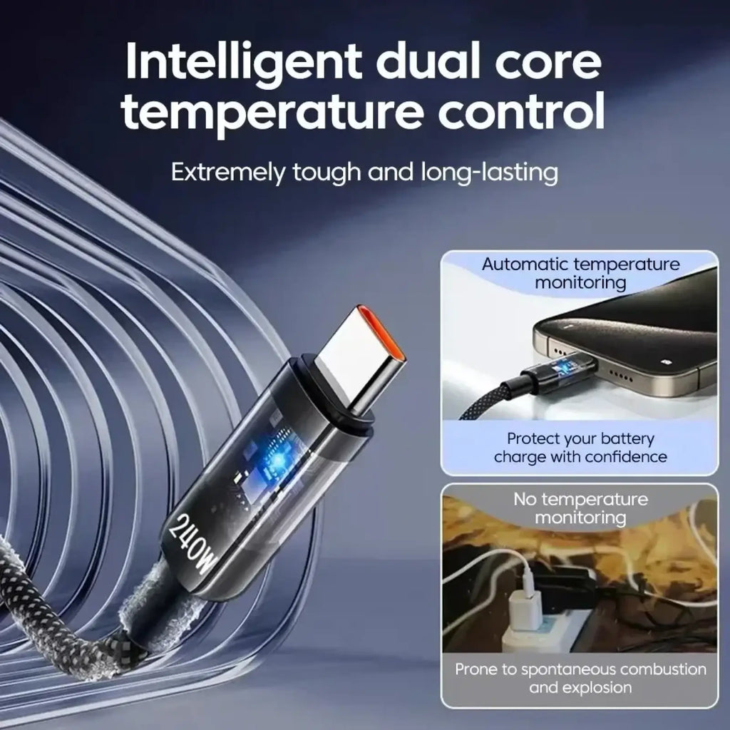 A sleek black and orange 240w usb c fast charging cable with durable braided design and intelligent dual-core temperature control