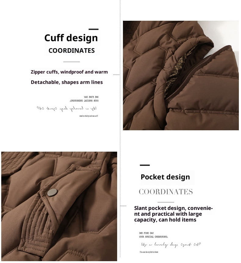 Braune wattierte Pufferweste mit mittlerer Länge für Damen, mit Reißverschlussbündchen und schräger Tasche für Winterbekleidung.
