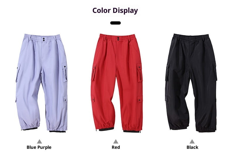 blue purple winter outdoor loose ski cargo pants with elastic waistband and side pockets designed for outdoor activities