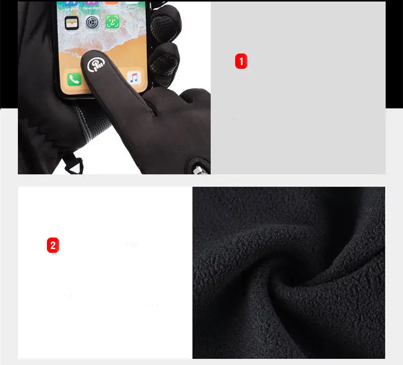 Black waterproof touchscreen winter cycling glove with textured palm and reinforced fingertips shown from the back side