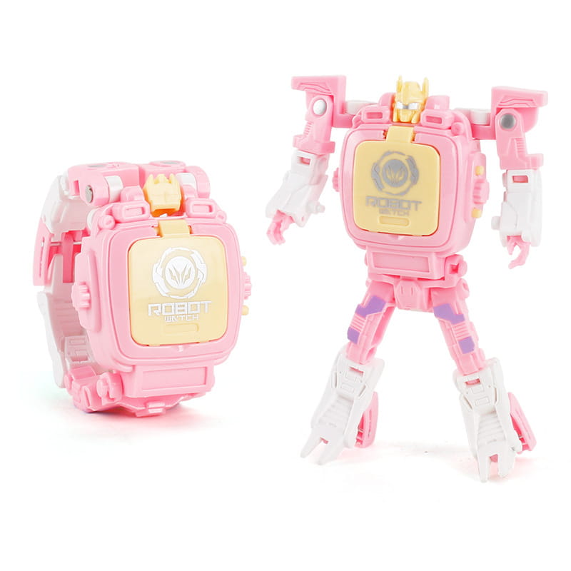 reloj inteligente infantil rosa y blanco que se transforma en robot, con placa frontal amarilla que muestra el logotipo del universo de robots en un diseño de reloj de robot deformable para niños, juguete transformable, 2 en 1.