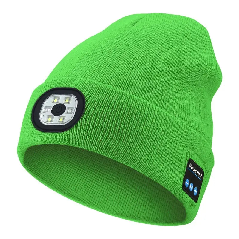Bright green knitted led bluetooth beanie hat with built-in led light panel and bluetooth music control button, rechargeable and washable.
