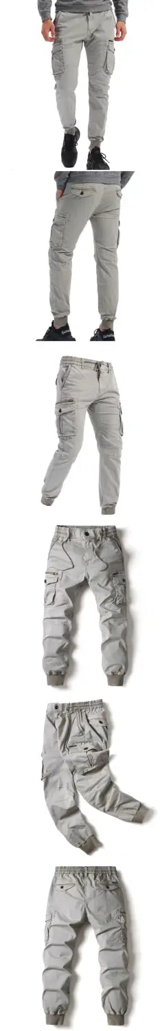 Men’s slim fit gray cotton cargo work pants featuring multiple pockets and a relaxed fit.