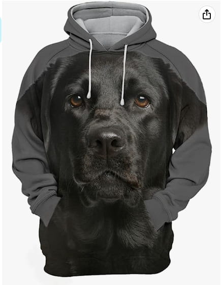 Homme sweat à capuche en pull-over imprimé 3D représentant un portrait de chien, avec l’impression du visage d’un Labrador retriever noir, des manches grises et des cordons de serrage blancs.