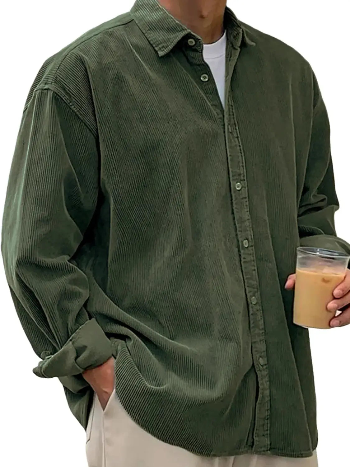 men’s relaxed fit corduroy shirt jacket in olive green with a button-up front and rolled cuffs made from soft corduroy fabric.