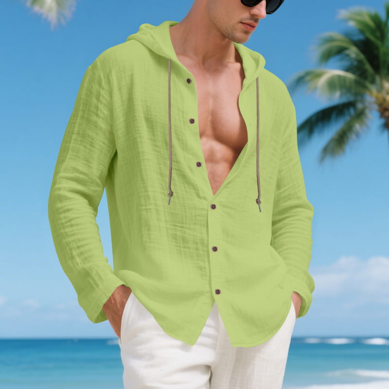 A vibrant lime green men linen hooded cardigan shirt with a relaxed lightweight fabric and contrasting dark drawstrings.