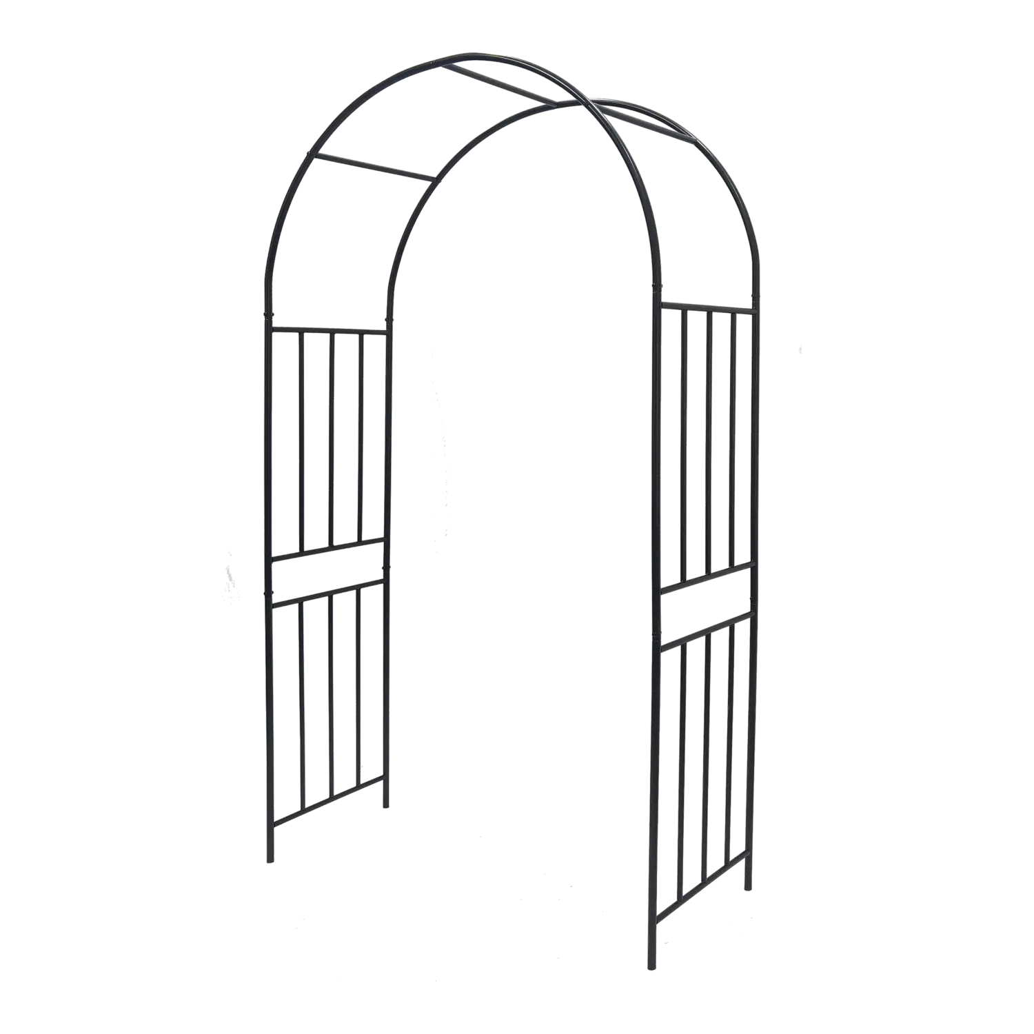 Black wrought iron garden arch with arched top and vertical slats metal garden arch black wrought iron rose arbor.