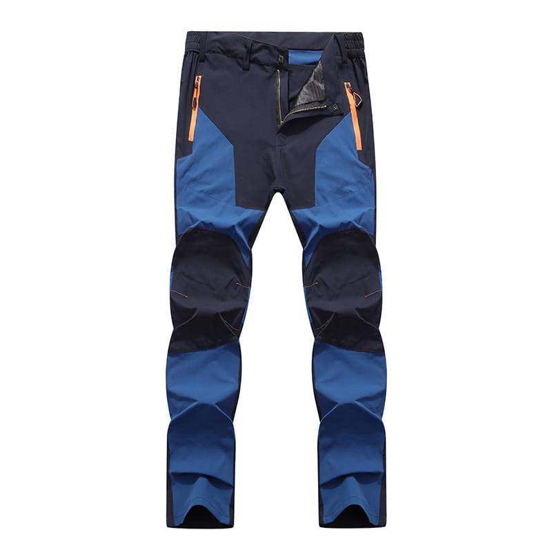 Men waterproof hiking pants in blue and navy with orange zipper accents designed for stretch and tactical use.