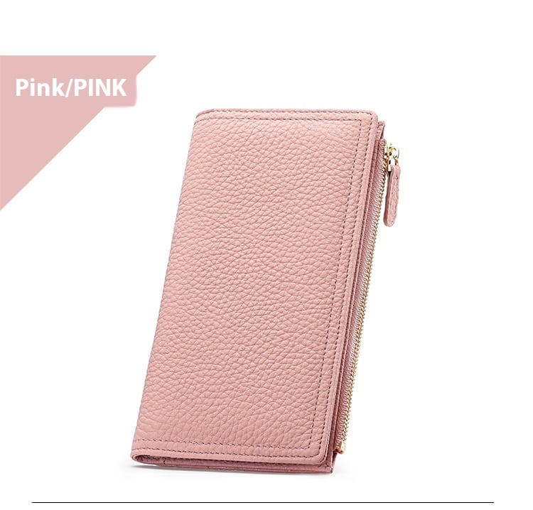 A soft pink cowhide leather anti theft rfid long zip wallet with a gold toned zipper.