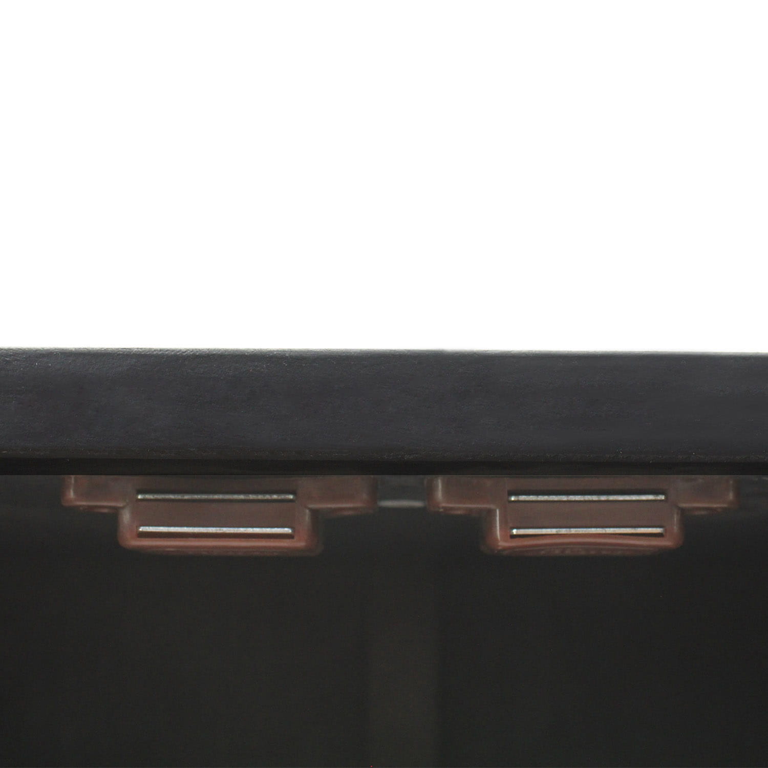 black storage cabinet with arched beaded door 30in sideboard showing black plastic screen connector clips with metallic silver internal contacts