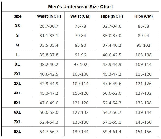 Caleçons moulants athlétiques pour incontinence masculine à absorbance, tableau des tailles, présentant des mesures en pouces et en centimètres pour les tailles XS à 8XL.