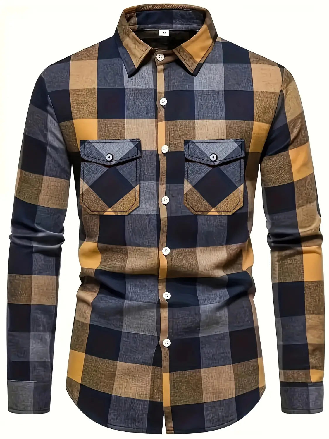 Men’s slim fit plaid flannel button up shirt in navy and mustard tones with textured fabric and two chest pockets.