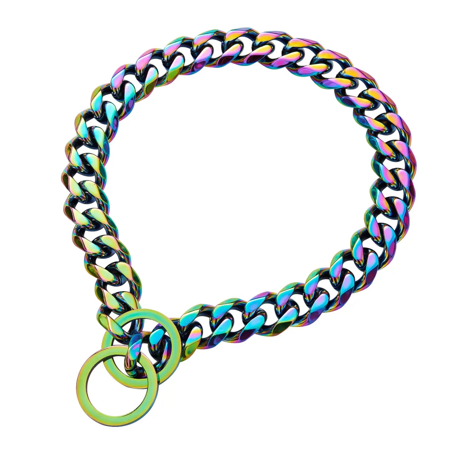 Iridescent stainless steel chain dog collar with a green ring attachment in rainbow stainless steel dog chain collar product.