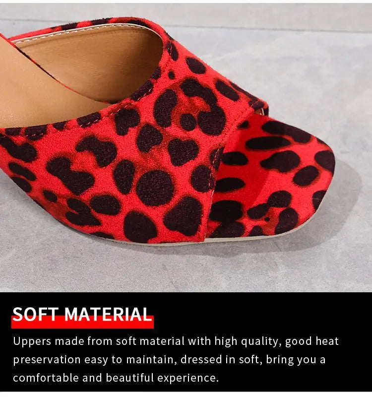 leopard square toe chunky heel mule sandals in red white and tan with leopard print and block heels