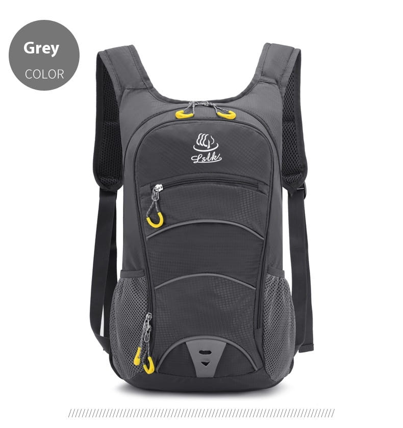 Grey lofik hydration backpack with black mesh side pockets and yellow zipper pulls designed as a lightweight outdoor cycling bag.