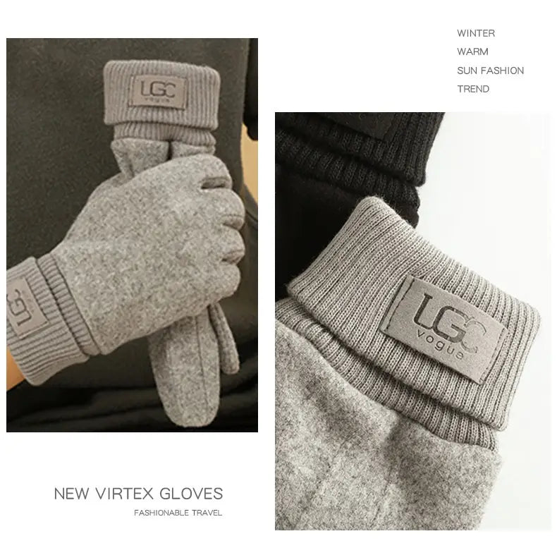 Gants thermiques d’hiver pour homme à l’aspect cachemire en laine grise, avec poignets côtelés et un écusson de marque ugg vogue.