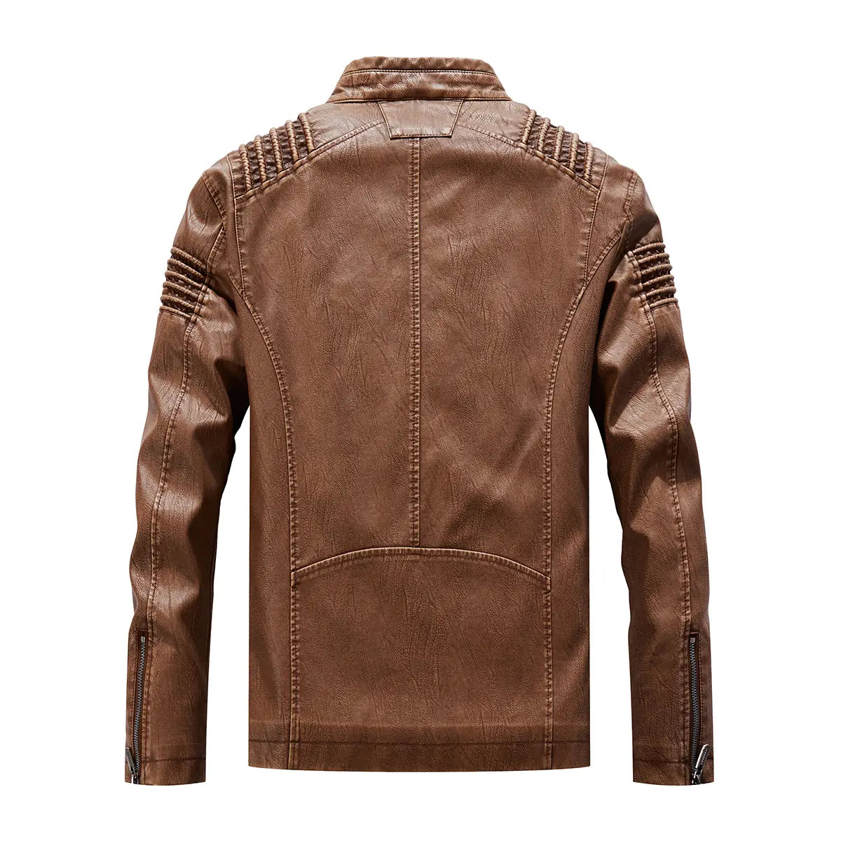 brown faux leather moto jacket with ribbed detail featuring stitched detailing and zipper accents