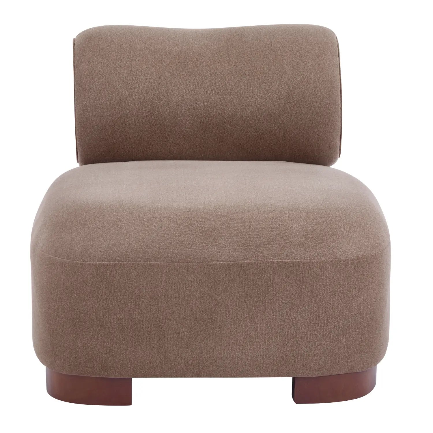 A modern brown polyester pet friendly accent chair upholstered in soft beige textured fabric with sleek dark wood legs.