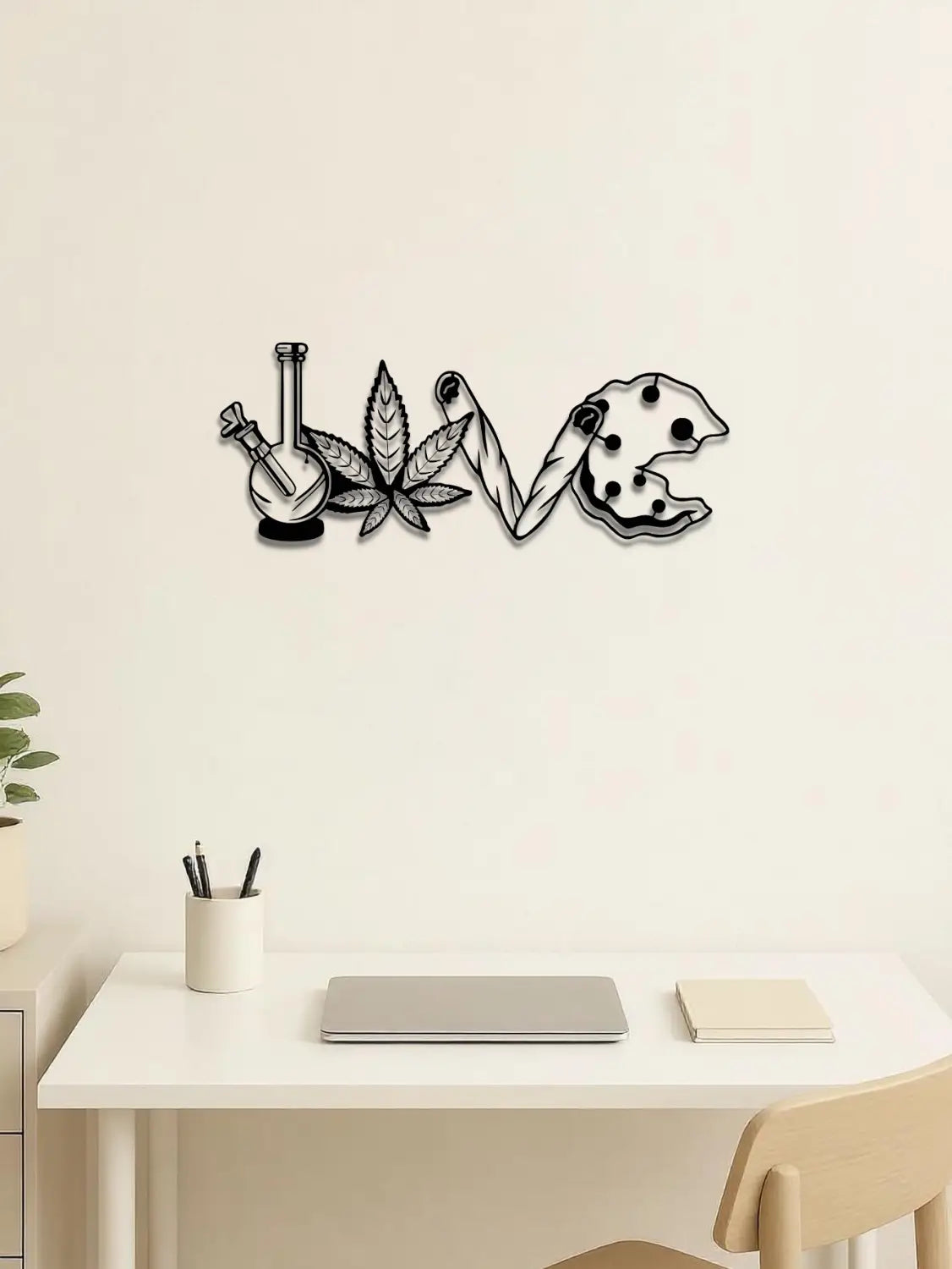 black metal wall art spelling love with letters designed as a bong, cannabis leaf, rolled joint, and chocolate chip cookie for cannabis love metal wall art decor with 2 days shipping