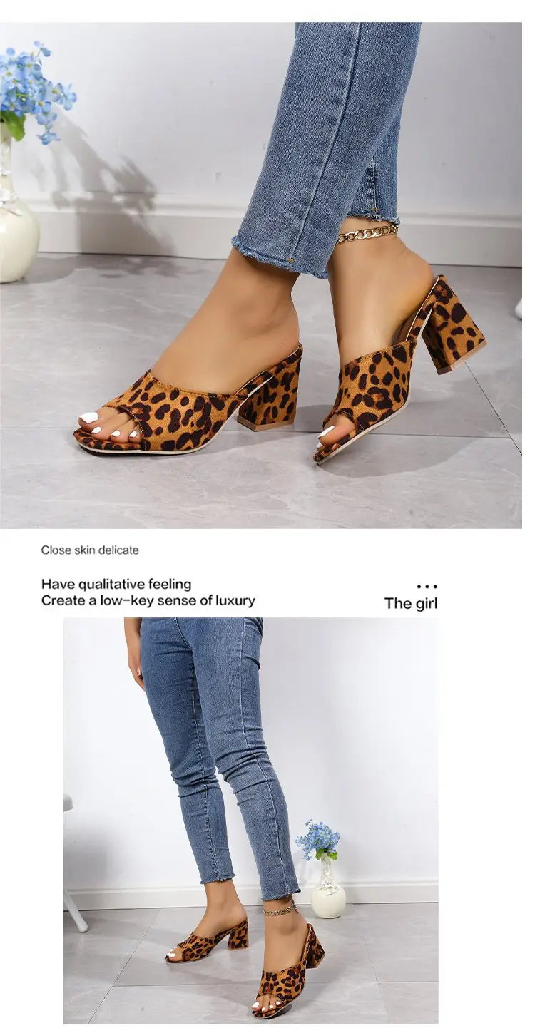 leopard square toe chunky heel mule sandals in red white and tan with leopard print and block heels