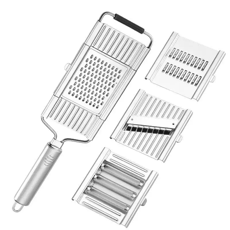 Juego de rallador multiusos de verduras de acero inoxidable plateado con cuchillas intercambiables para cortar en láminas y rallar.