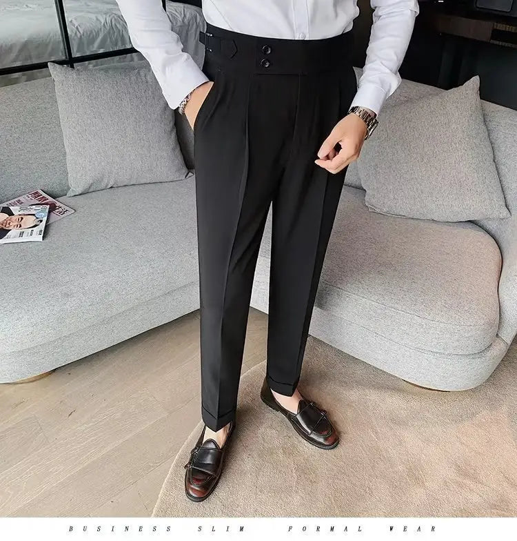 Black slim-fit formal Korean style men trousers with a high waist and double-button closure suitable for professional wear