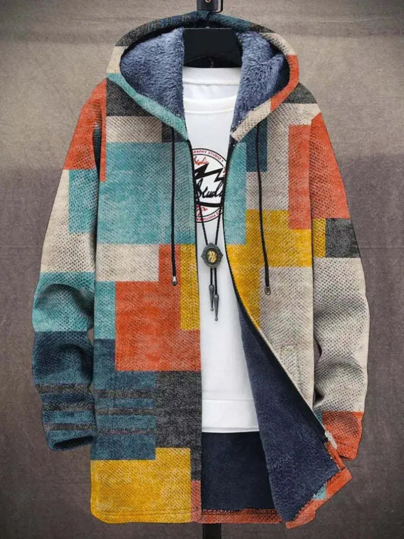 a cozy multicolored patchwork geometric fleece men’s jacket with a plush blue-lined interior and drawstrings