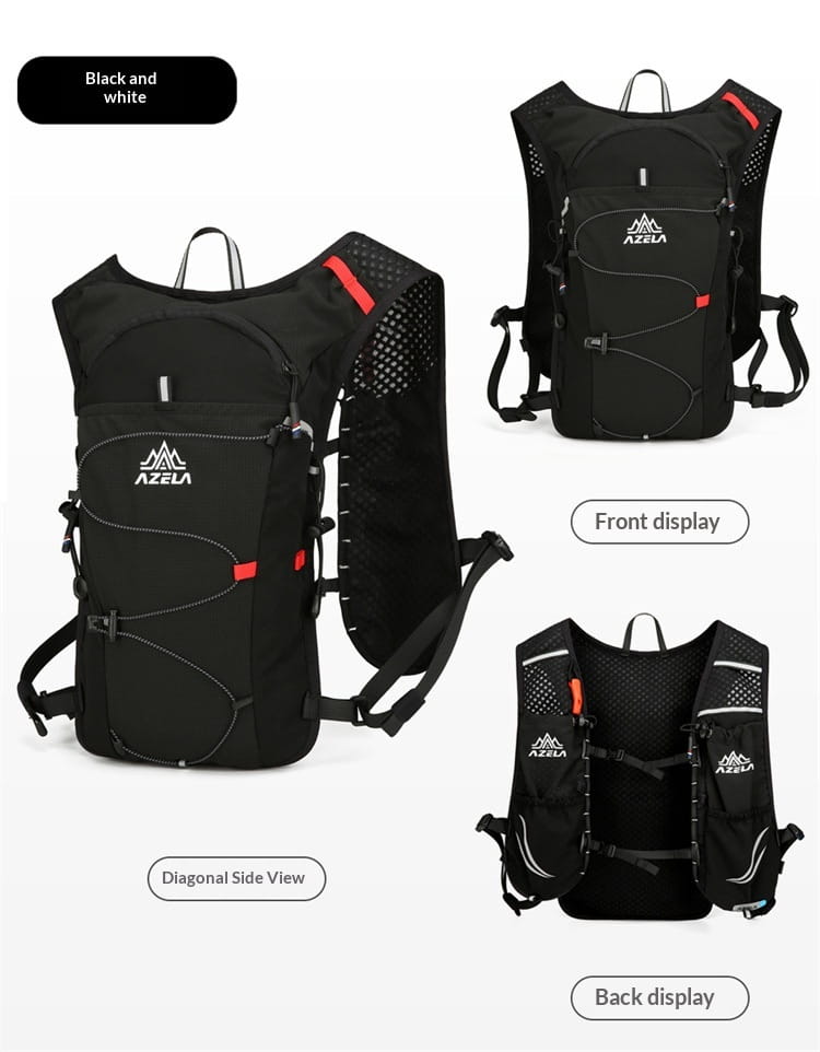 Black and red azela hydration backpack lightweight running vest 20l with mesh panels and adjustable straps shown from the back side.