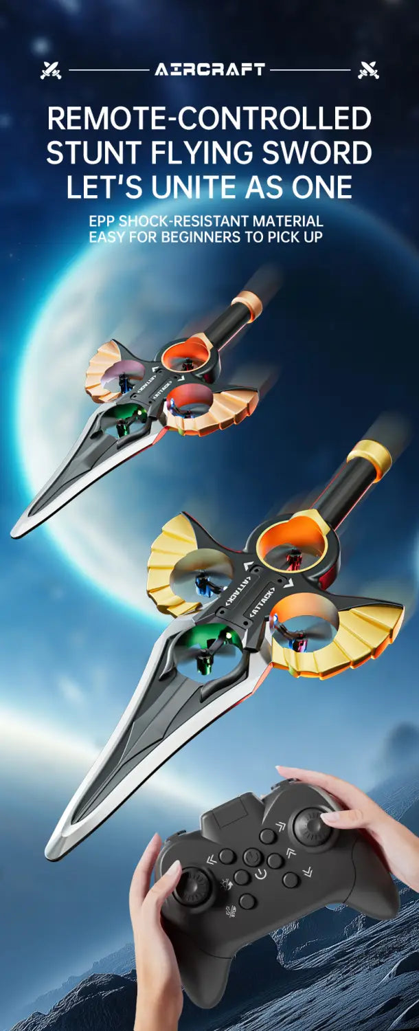 black and silver remote-controlled stunt flying sword with orange accents designed for beginner-friendly flight in the flying sword drone gold robot battery kids toy