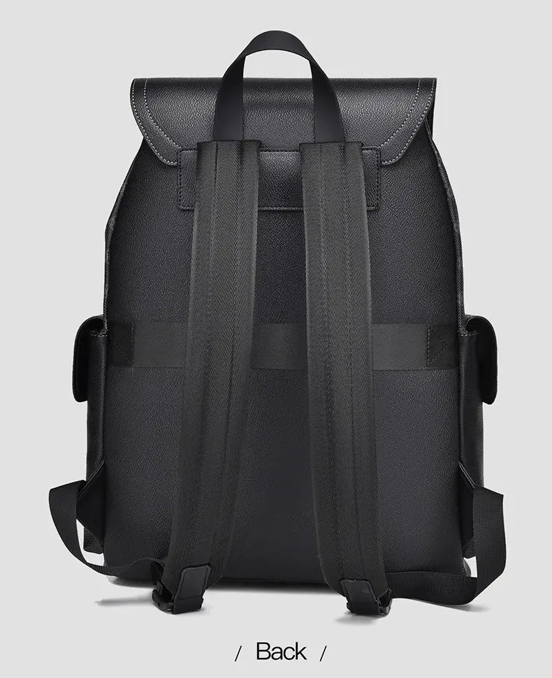 Black leather men’s business travel backpack with adjustable shoulder straps and a top handle showing the back side equipped with a laptop sleeve.