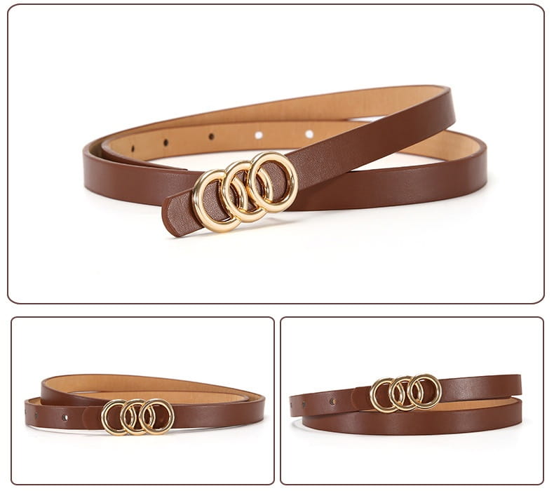 Cinturón de cuero marrón con hebilla triple anilla de tono dorado, adecuado para mujer de la colección de cinturones de cuero con triple anilla blanca.