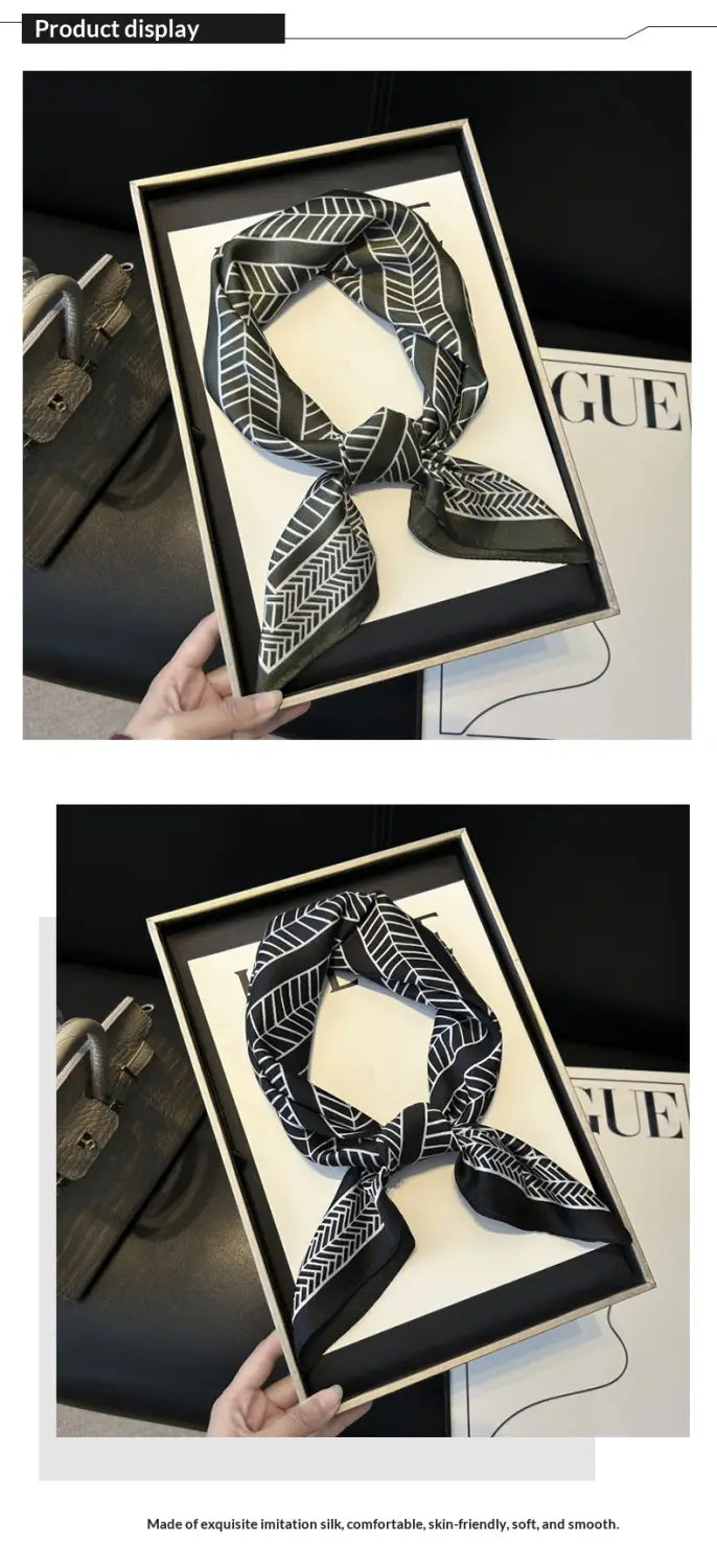 Black and white patterned geometric twill silk look square scarf with a chevron design